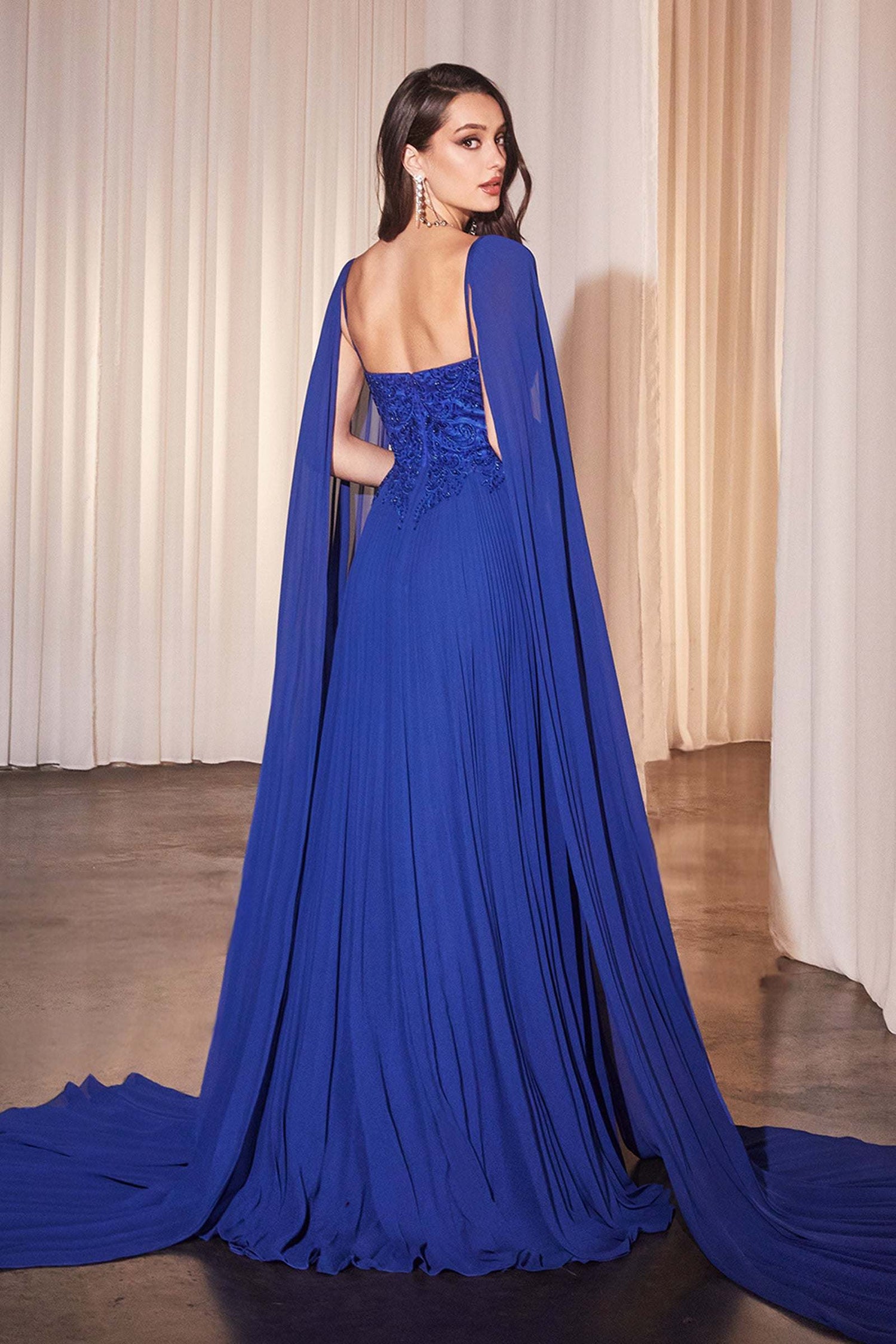 Ladivine CJ937 Pleated A-Line Gown With Cape Sleeves by DiscountDressShop