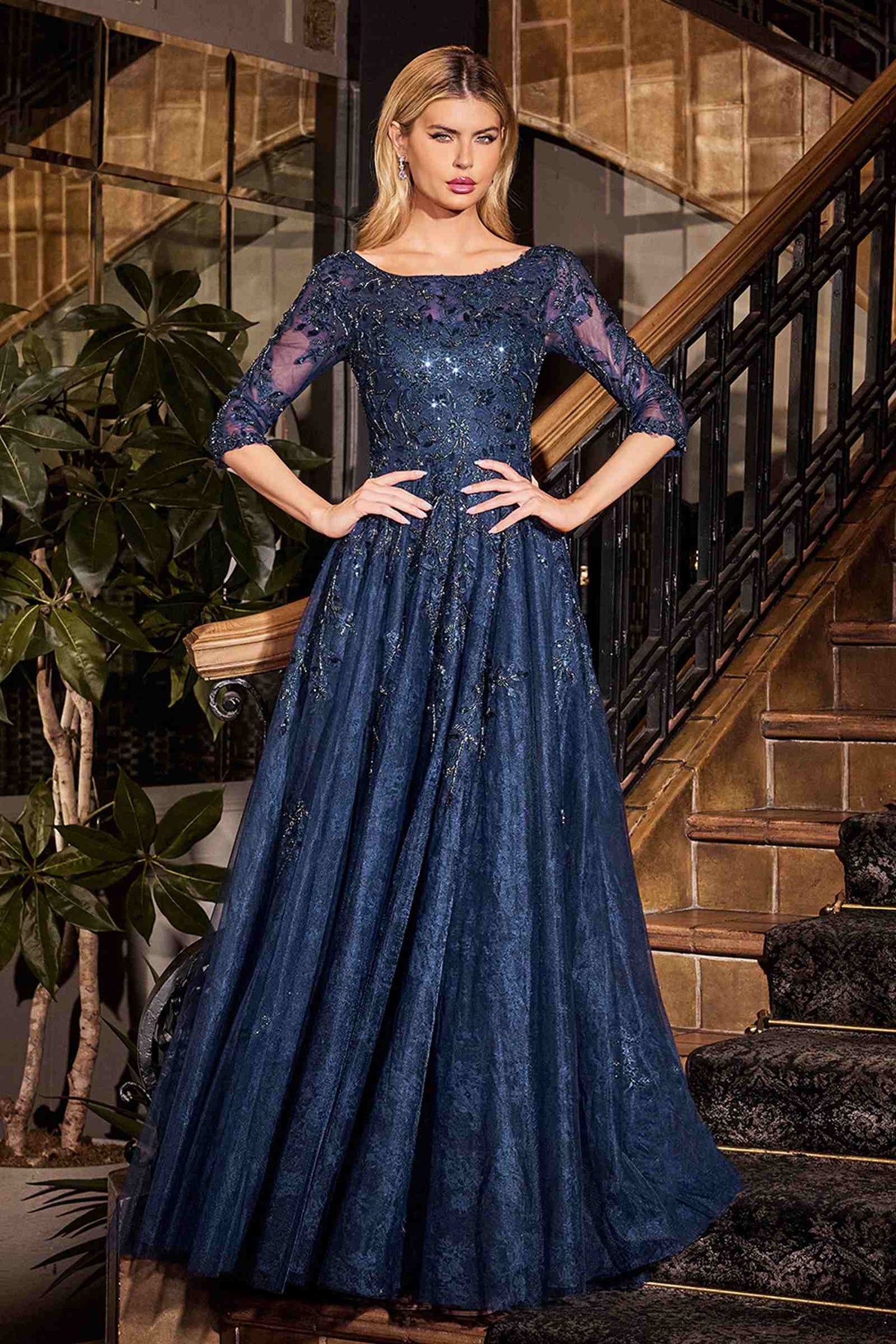 Ladivine CK2401 A-Line Lace &amp; Tulle Modest Mother of the Bride Gown by DiscountDressShop