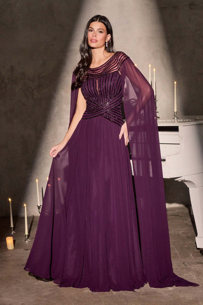 Ladivine CL08 Long A-Line Chiffon Flowing Cape Evening Gown by DiscountDressShop