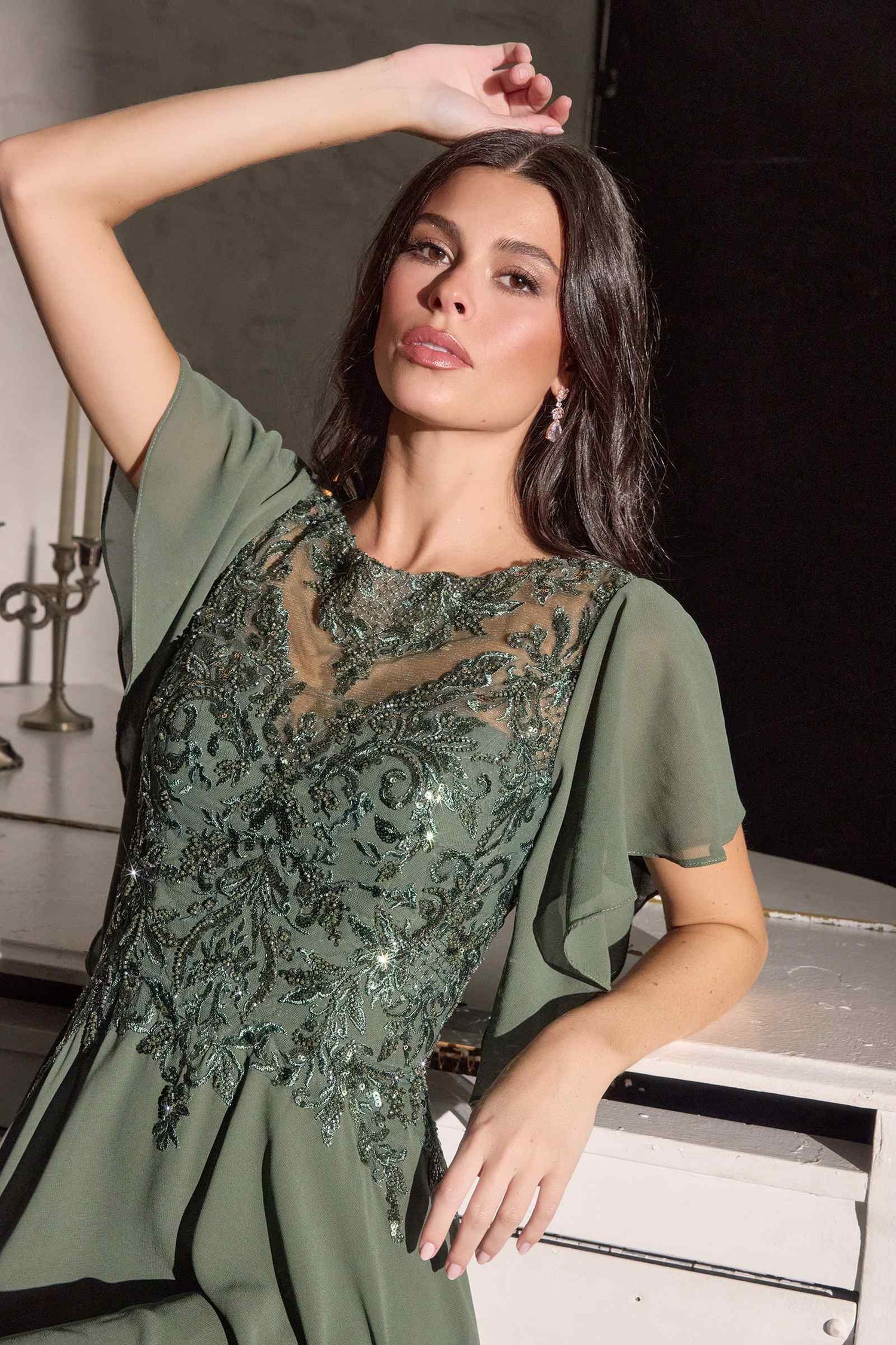 Ladivine CL09 Flutter Sleeve Illusion Neck A-Line Chiffon Gown by DiscountDressShop