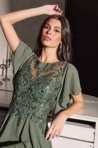 Ladivine CL09 Flutter Sleeve Illusion Neck A-Line Chiffon Gown by DiscountDressShop