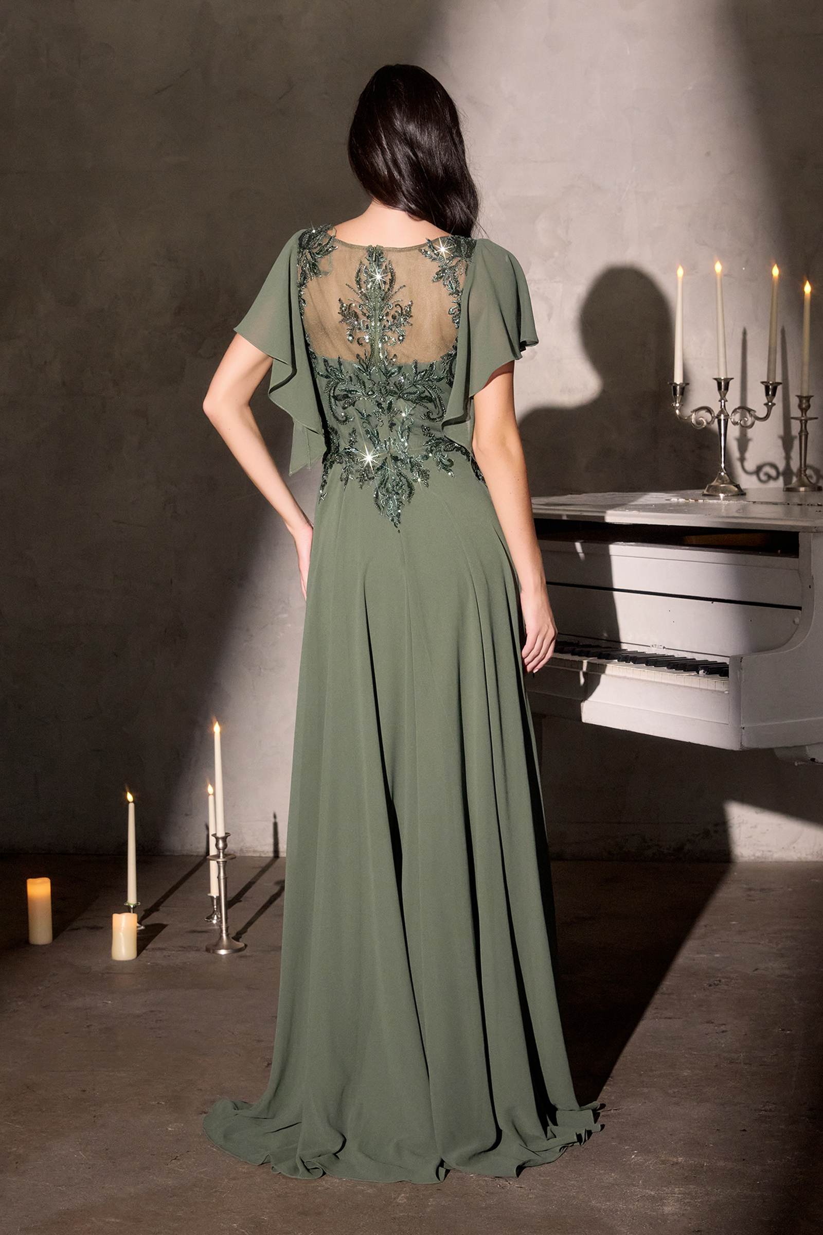 Ladivine CL09 Flutter Sleeve Illusion Neck A-Line Chiffon Gown by DiscountDressShop