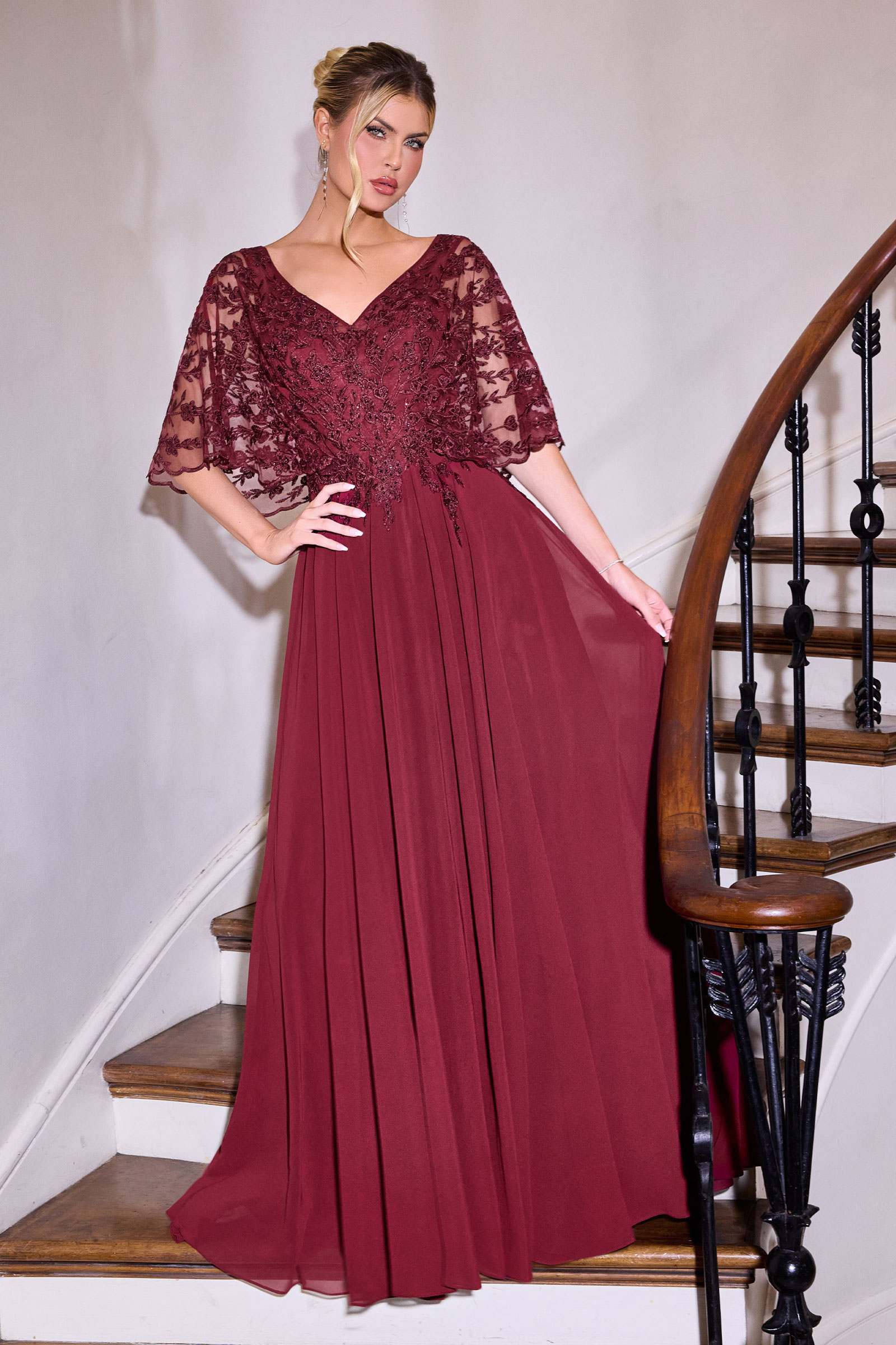 Ladivine CL10 Mother of the Bride V-Neckline Lace Bodice A-Line Gown by DiscountDressShop
