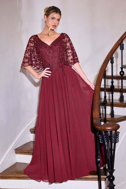 Ladivine CL10 Mother of the Bride V-Neckline Lace Bodice A-Line Gown by DiscountDressShop