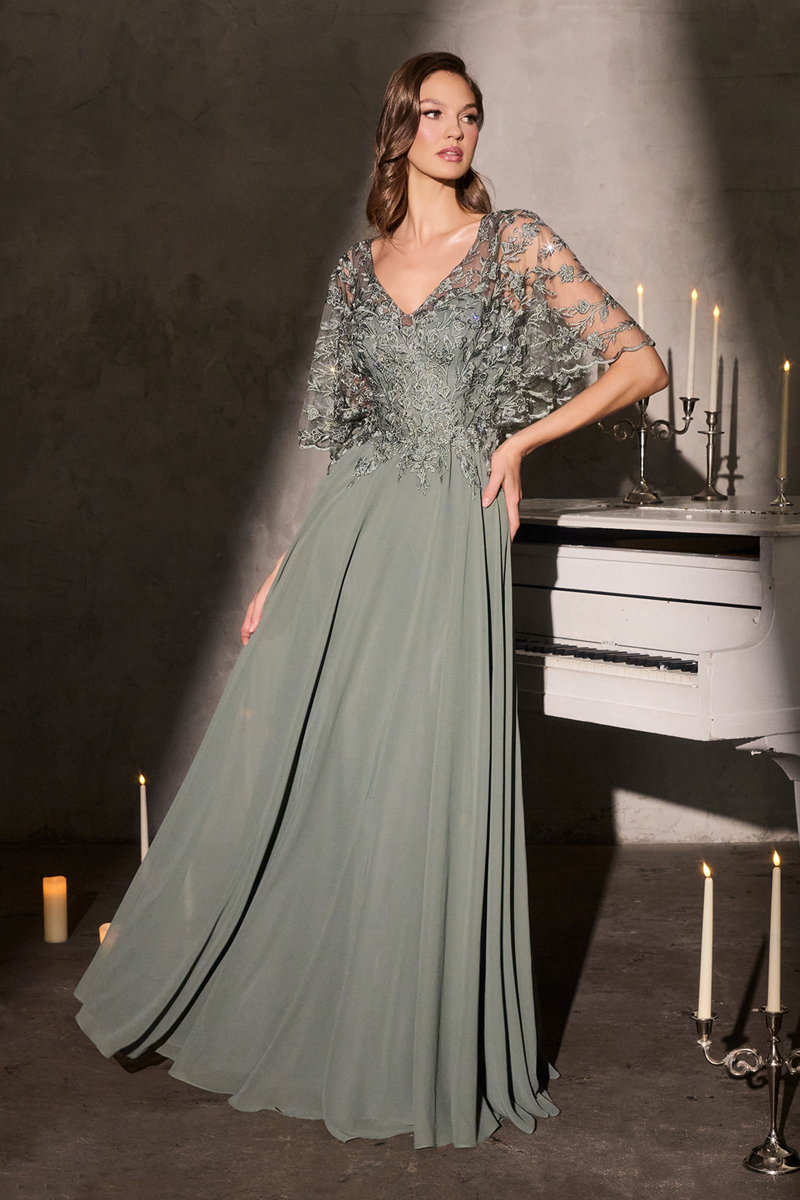 Ladivine CL10 Mother of the Bride V-Neckline Lace Bodice A-Line Gown by DiscountDressShop