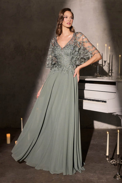 Ladivine CL10 Mother of the Bride V-Neckline Lace Bodice A-Line Gown by DiscountDressShop