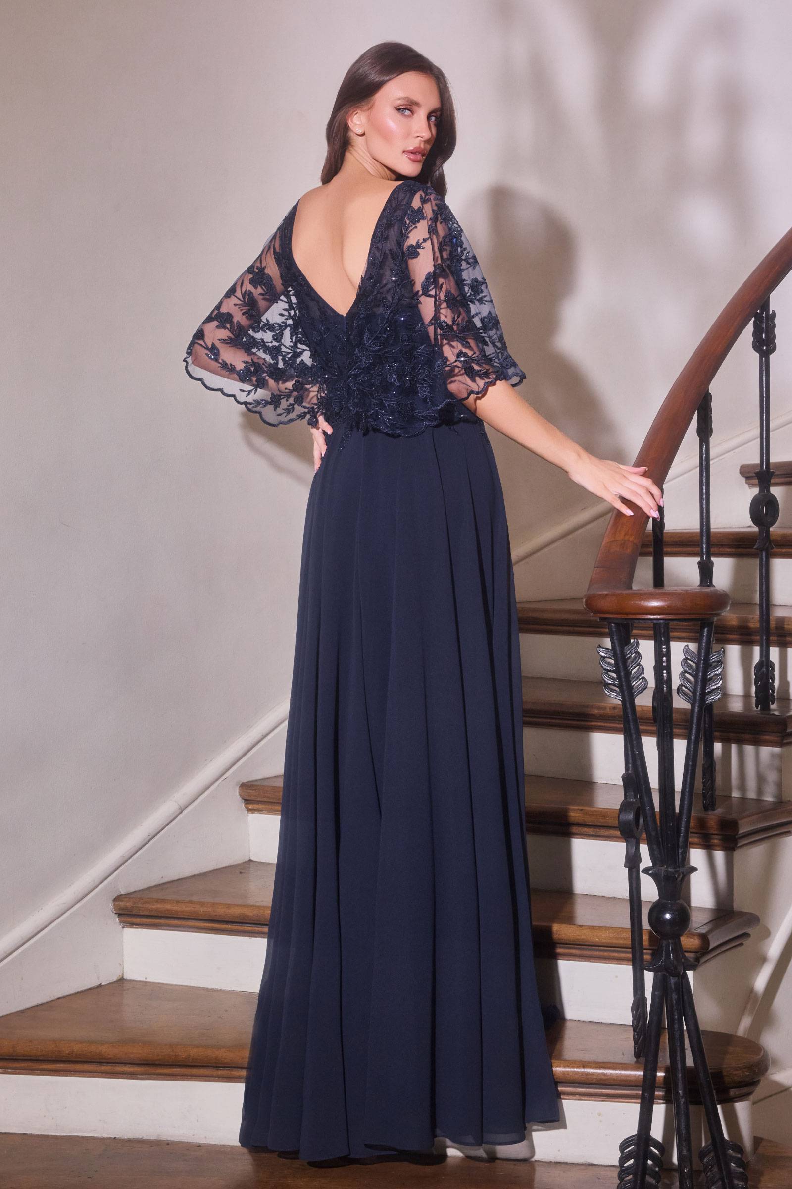 Ladivine CL10 Mother of the Bride V-Neckline Lace Bodice A-Line Gown by DiscountDressShop