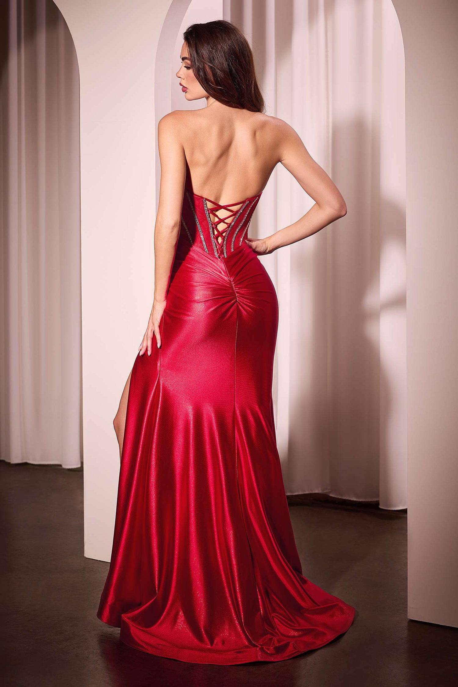 Ladivine CM368 Dress Strapless Lace Bodice Satin Fitted Gown by DiscountDressShop