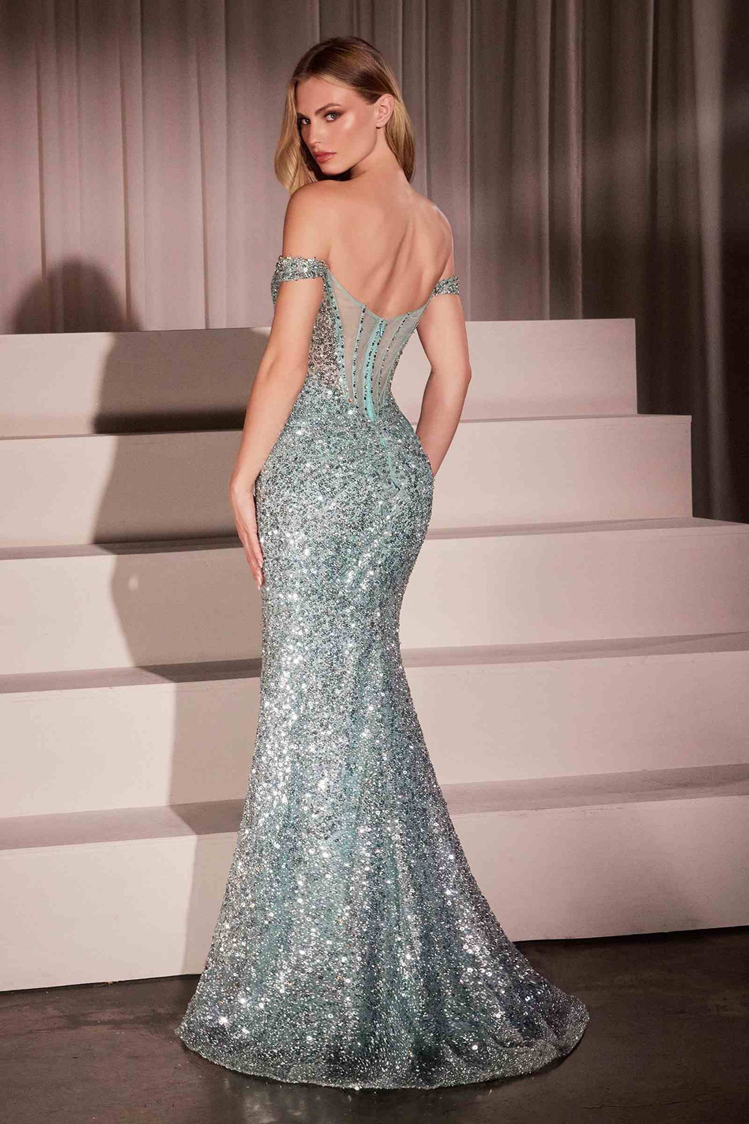 Ladivine CM373 Dress Off The Shoulder Sequin Fitted Gown by DiscountDressShop