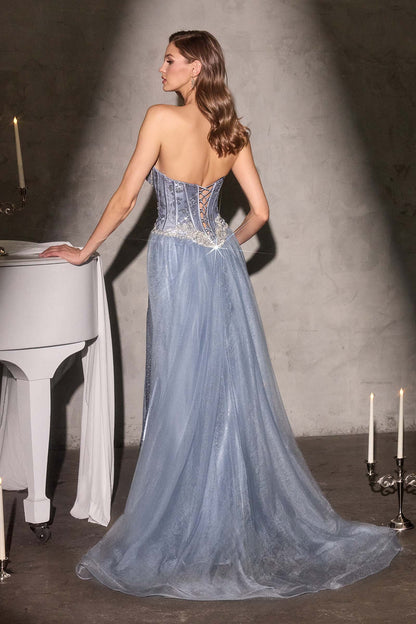 Ladivine CM392 Strapless Corset Bodice Sparkling Beading Fitted Satin Gown by DiscountDressShop