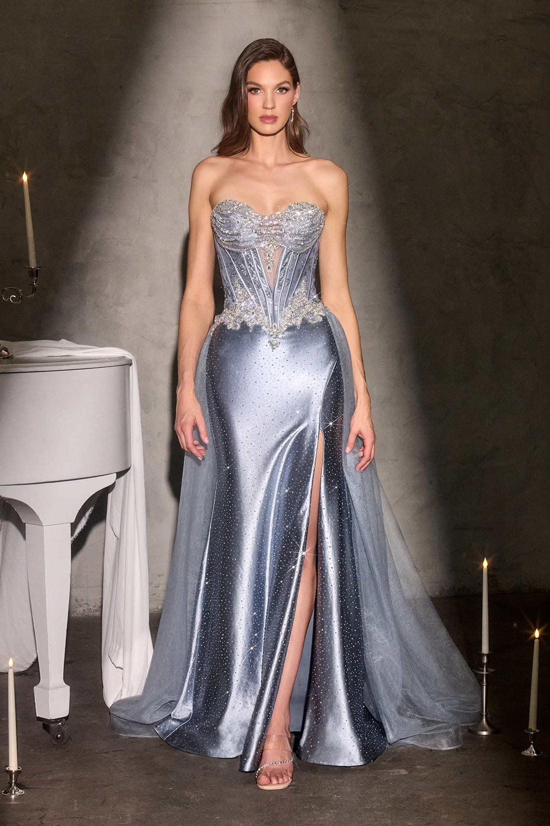 Ladivine CM392 Strapless Corset Bodice Sparkling Beading Fitted Satin Gown by DiscountDressShop