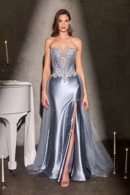 Ladivine CM392 Strapless Corset Bodice Sparkling Beading Fitted Satin Gown by DiscountDressShop