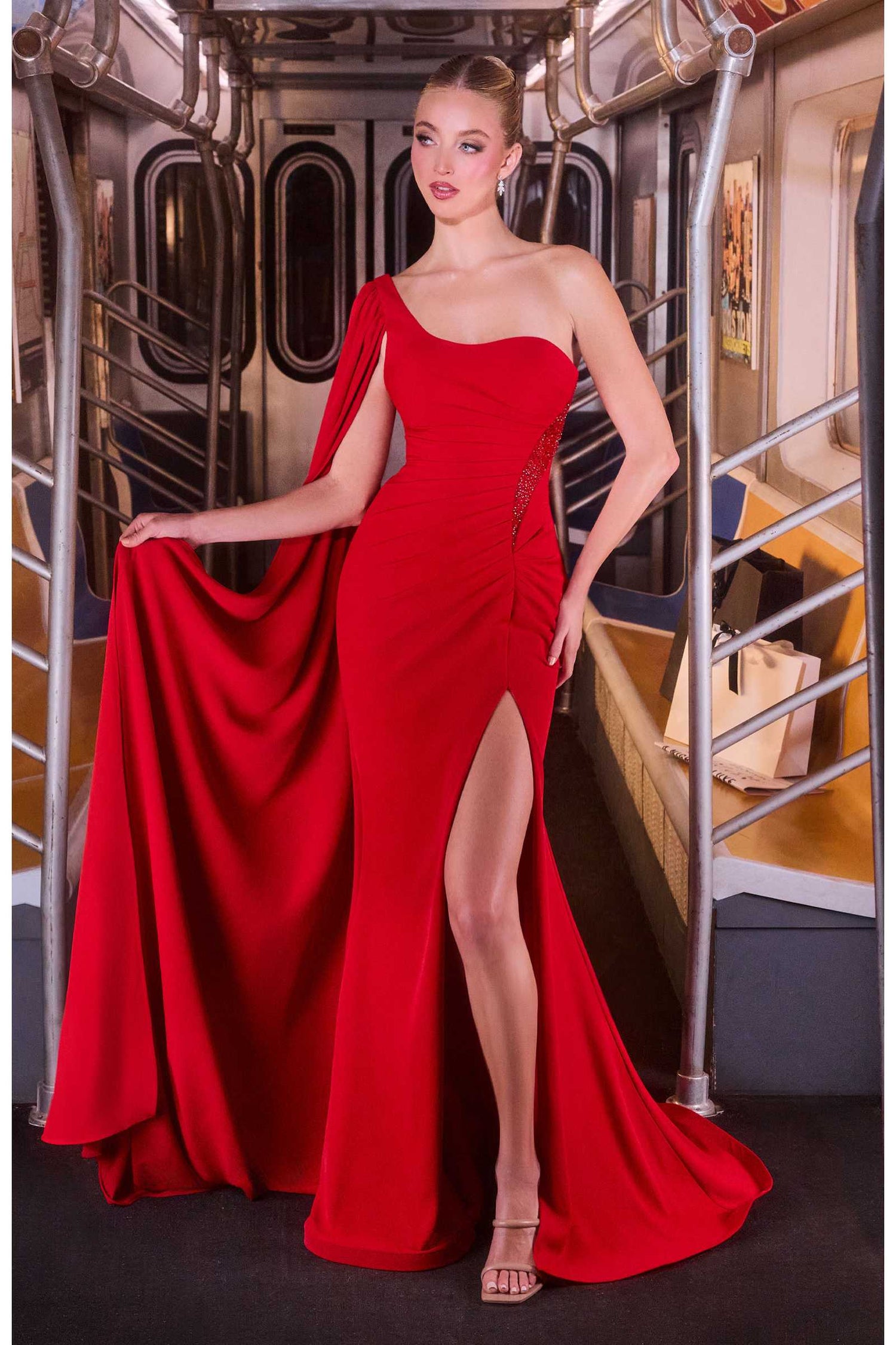 Ladivine CM8428 One Shoulder Fitted Draped Cape Evening Gown by DiscountDressShop
