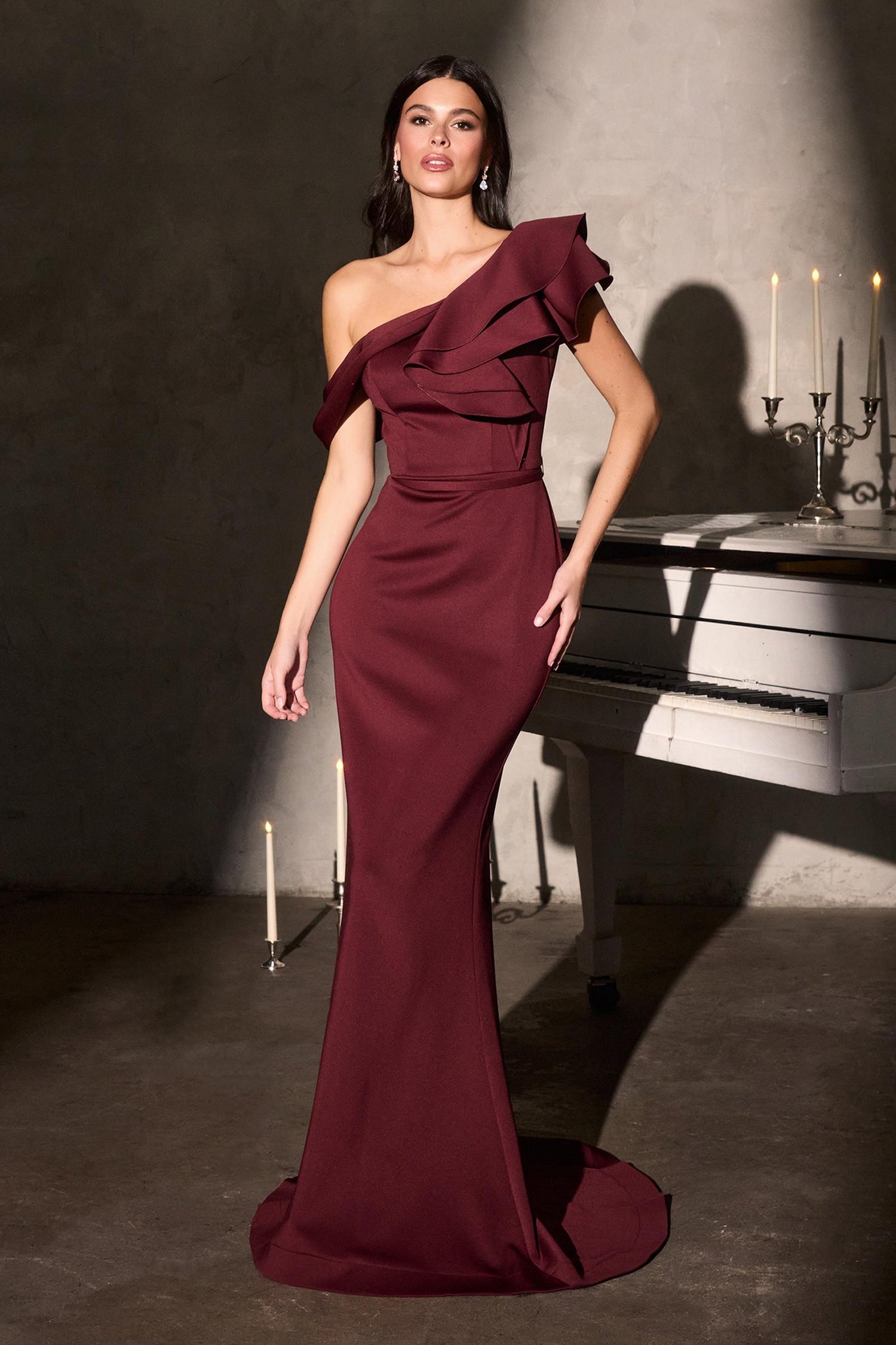 Ladivine CR886 Timeless One Shoulder Cascading Ruffles Stretch Gown by DiscountDressShop