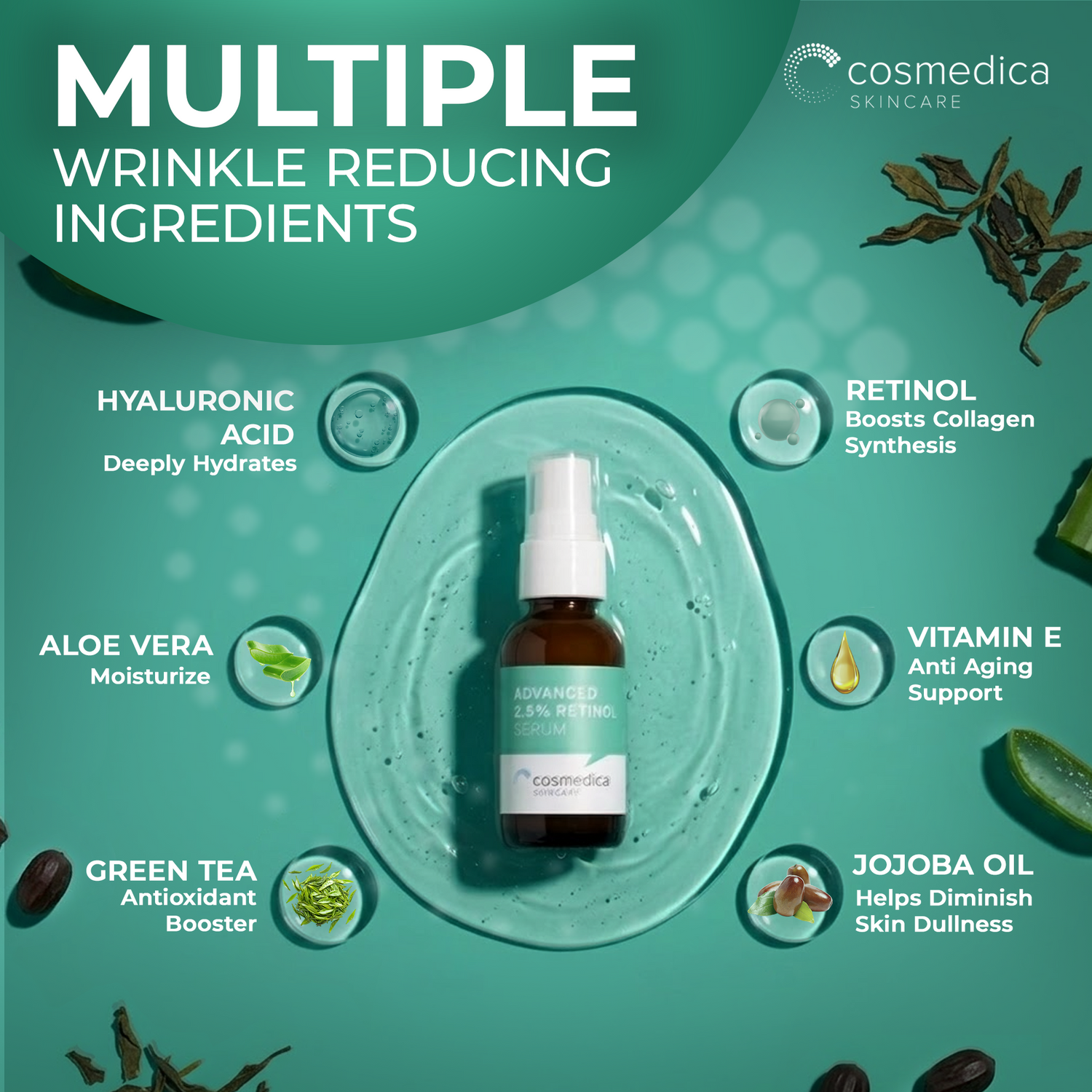 Cosmedica Skincare Retinol Serum 2.5% | Hydrating Vitamin A Serum with Green Tea Hyaluronic Acid Vitamin E | Non-Irritating Serum for Sensitive Skin Oily Skin | 1oz by Cosmedica Skincare