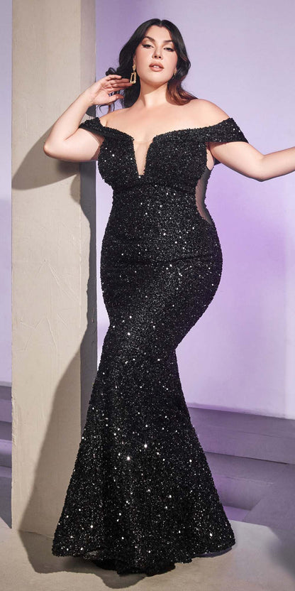 Cinderella Divine CD975 Long Off The Shoulder Sequin Mermaid Gown by DiscountDressShop