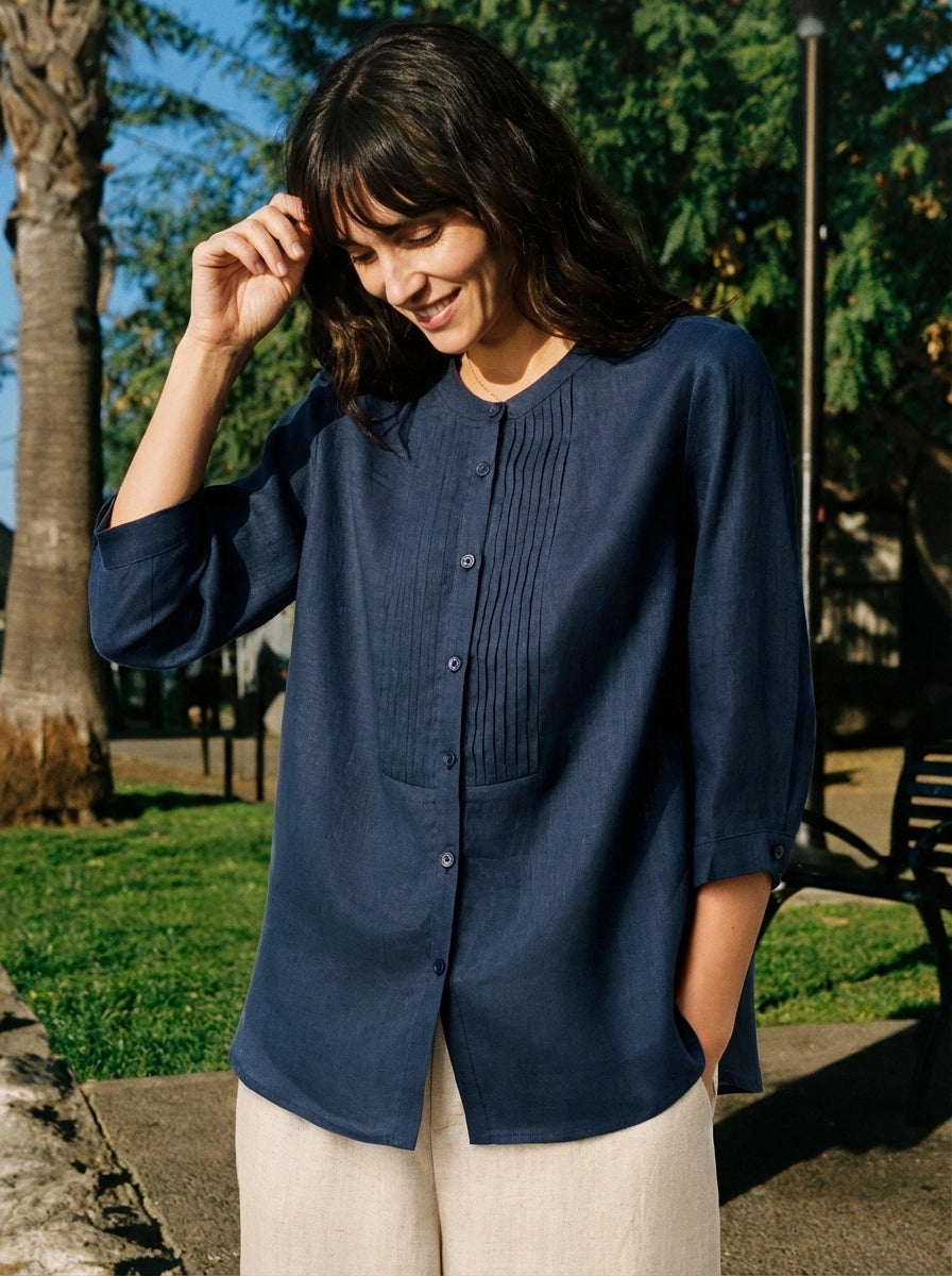100% Linen Sculpted Accordion Pleat Crew Neck Shirt RANA by LINTICO
