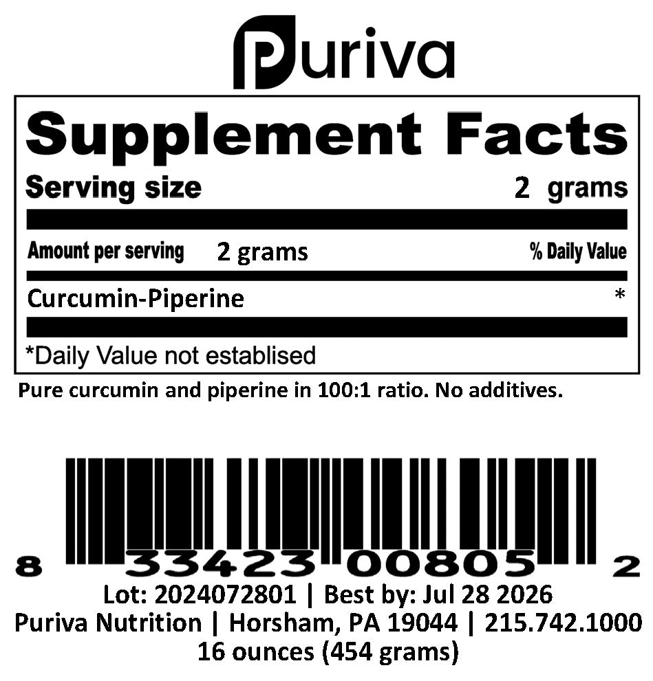 Curcumin with Piperine powder (100:1 ratio), 1 pound, Puriva Nutrition by Puriva Nutrition