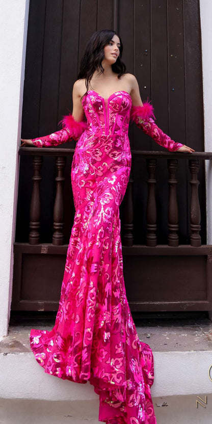Nox Anabel D1269 Detachable Long Sleeves Floral Sequin Mermaid Gown by DiscountDressShop