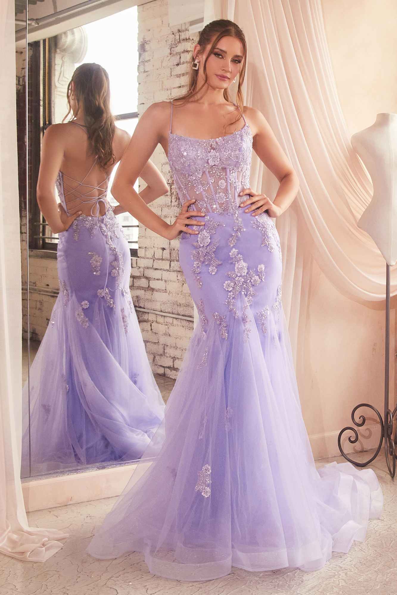 Ladivine D145 Long Sparkly Mermaid Gown Tulle Skirt Corset Back by DiscountDressShop