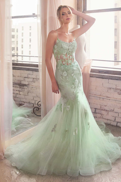 Ladivine D145 Long Sparkly Mermaid Gown Tulle Skirt Corset Back by DiscountDressShop