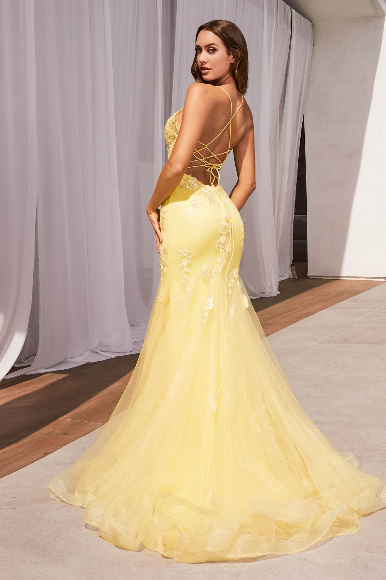 Ladivine D145 Long Sparkly Mermaid Gown Tulle Skirt Corset Back by DiscountDressShop