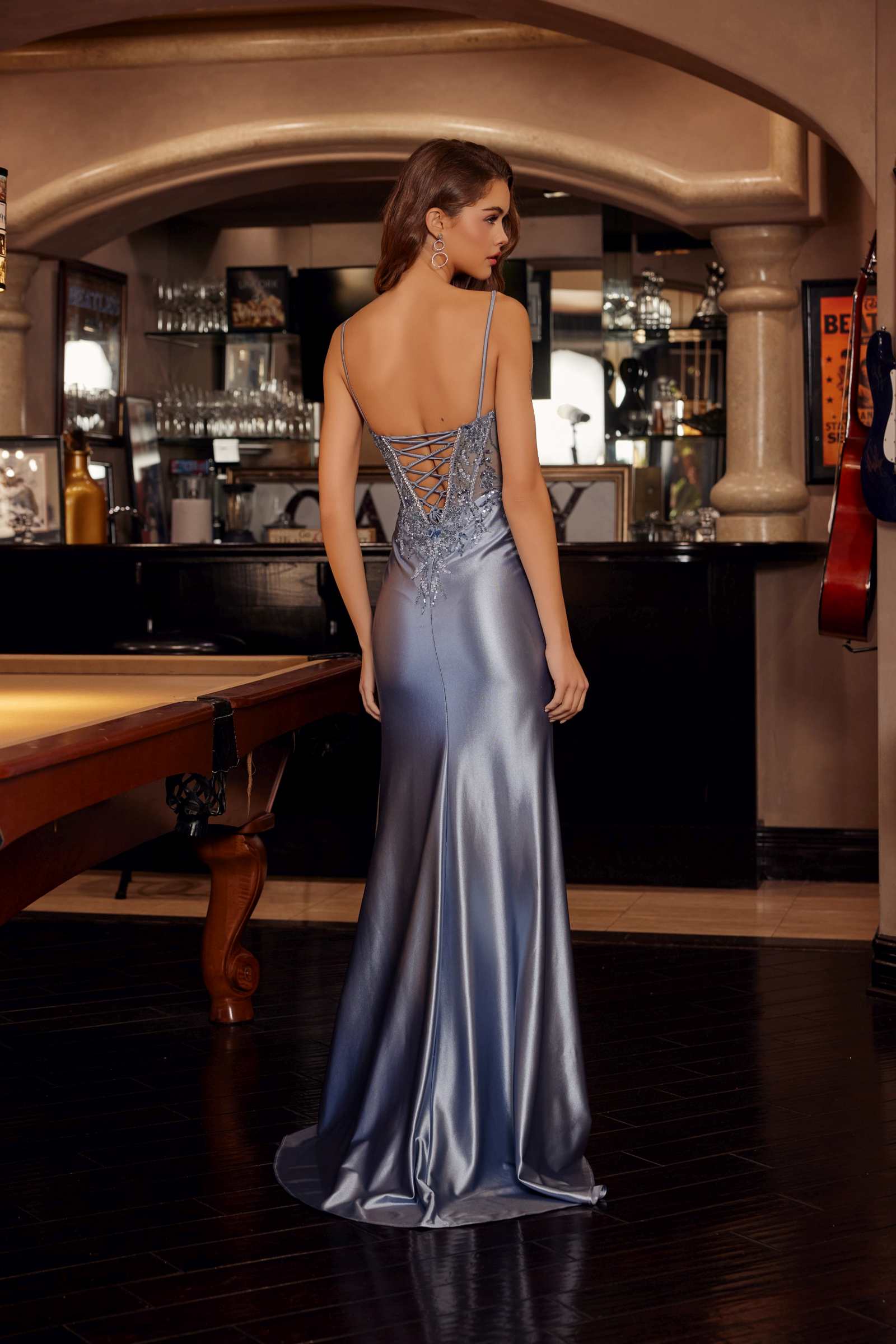 Nox Anabel D1766 Shiny Satin Prom Gown Plunging V-Neckline by DiscountDressShop