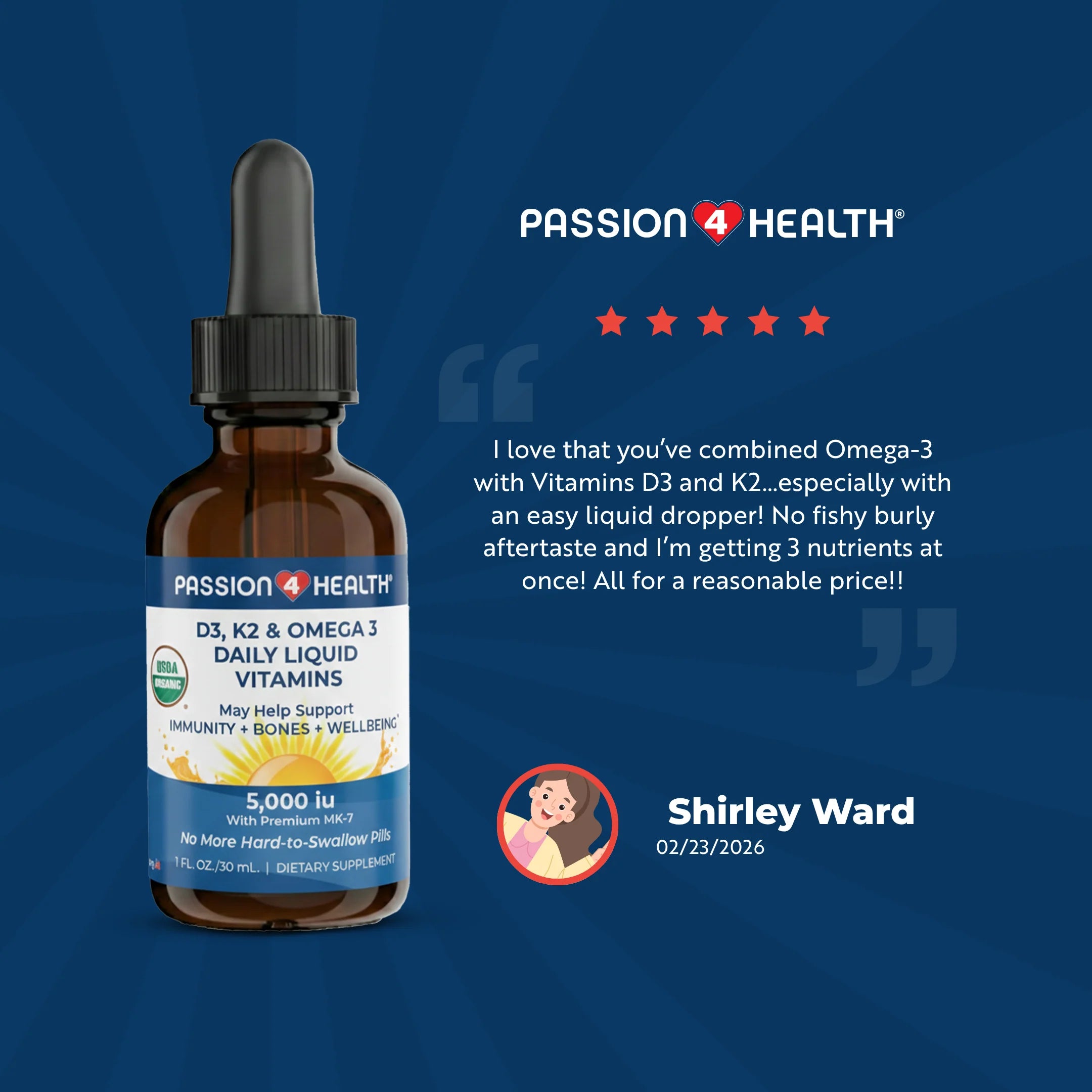 D3, K2 &amp; Omega-3 Daily Liquid Vitamins by Passion 4 Health