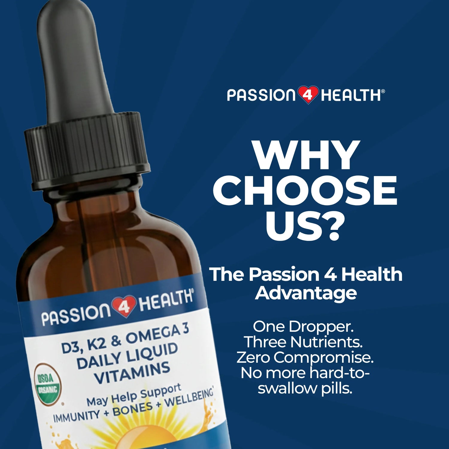 D3, K2 &amp; Omega-3 Daily Liquid Vitamins by Passion 4 Health