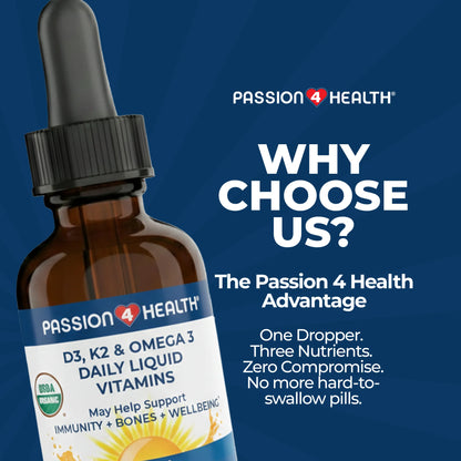 D3, K2 &amp; Omega-3 Daily Liquid Vitamins by Passion 4 Health