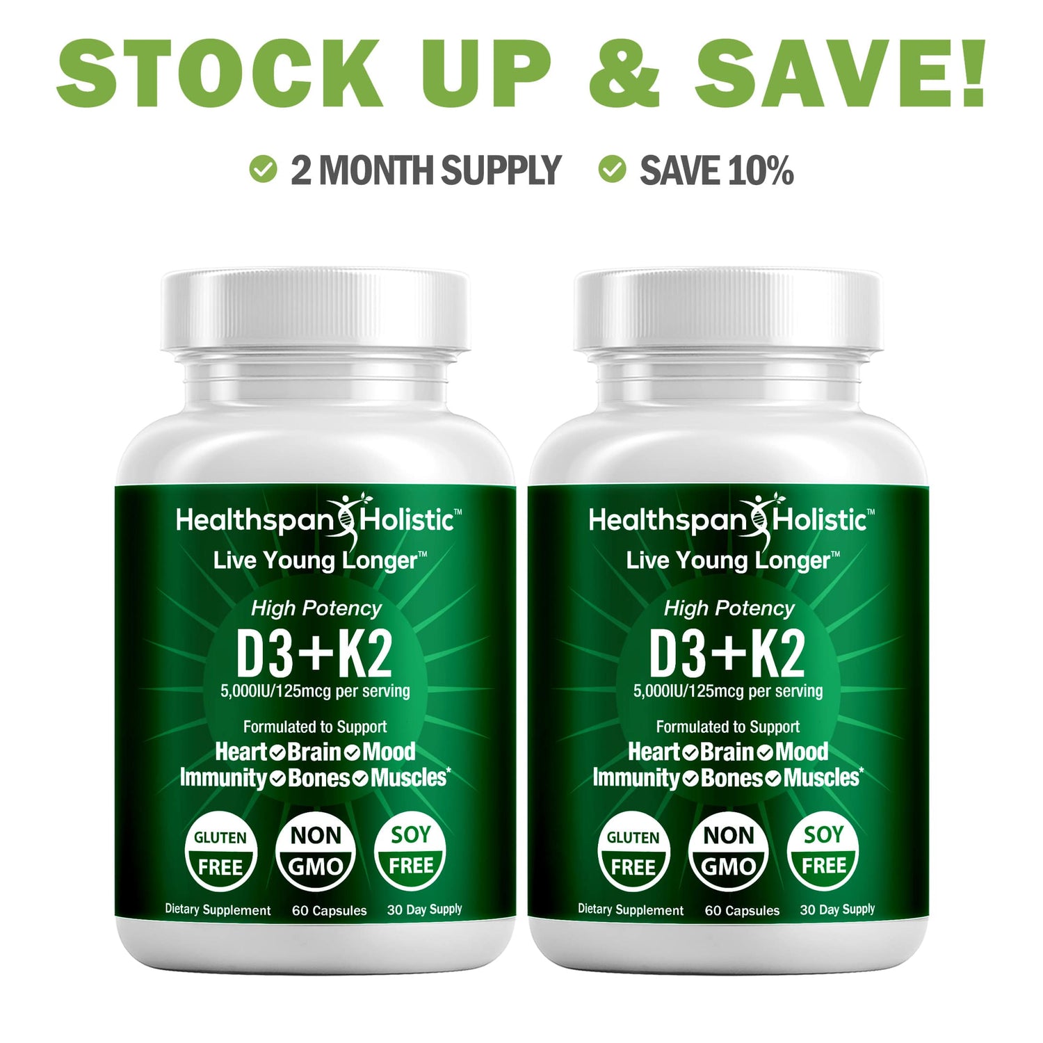 High Potency Vitamin D3 + K2 Supplement 60 Capsules by Healthspan Holistic