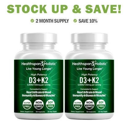 High Potency Vitamin D3 + K2 Supplement 60 Capsules by Healthspan Holistic