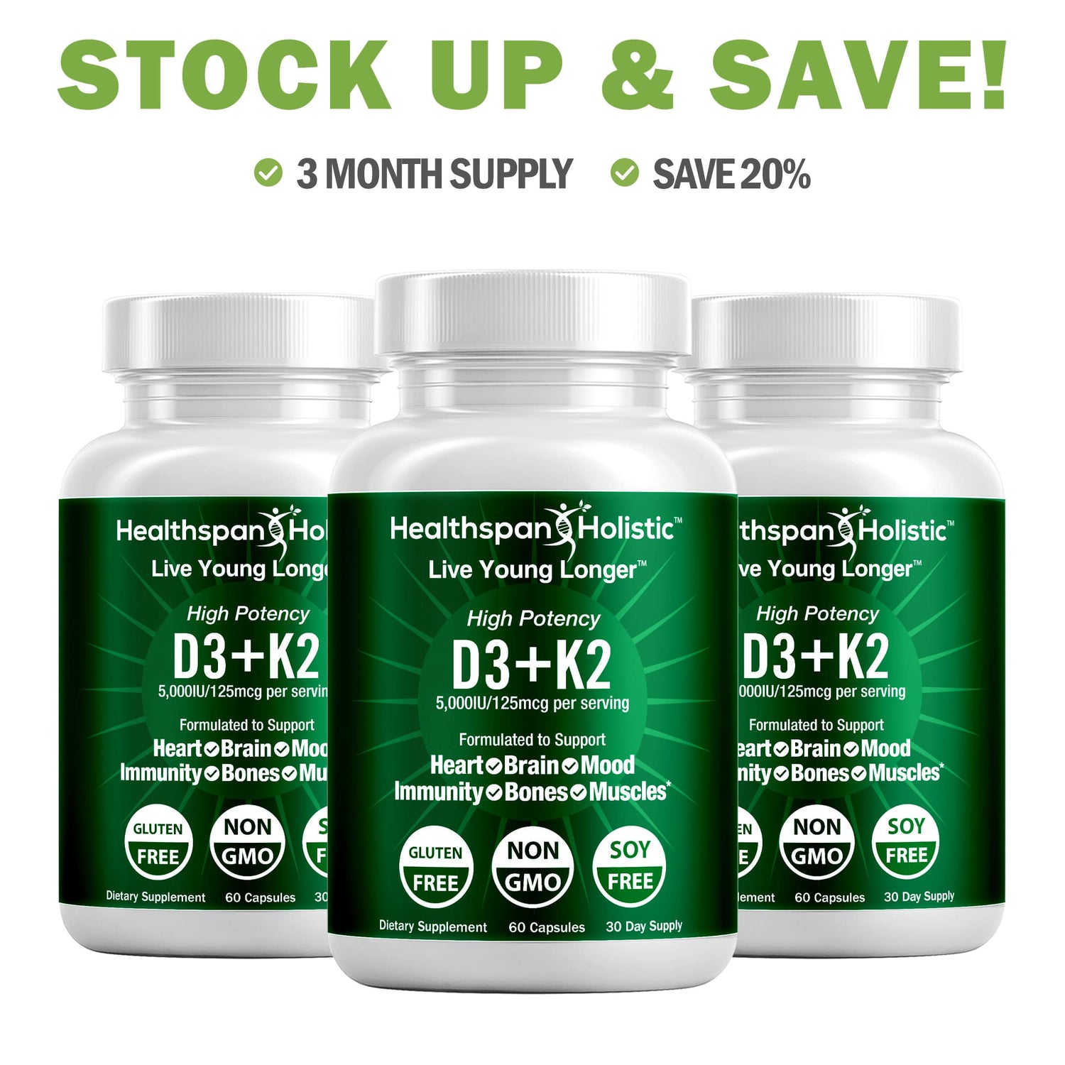 High Potency Vitamin D3 + K2 Supplement 60 Capsules by Healthspan Holistic