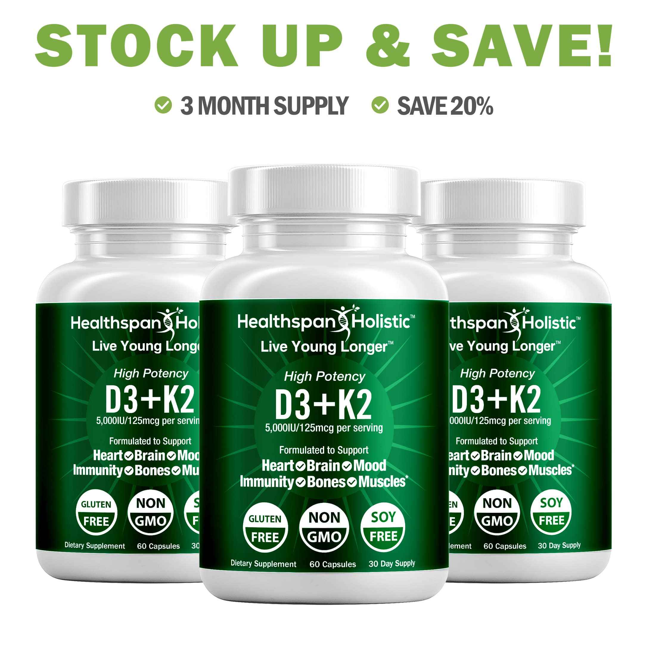 High Potency Vitamin D3 + K2 Supplement 60 Capsules by Healthspan Holistic