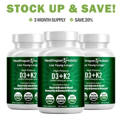 High Potency Vitamin D3 + K2 Supplement 60 Capsules by Healthspan Holistic