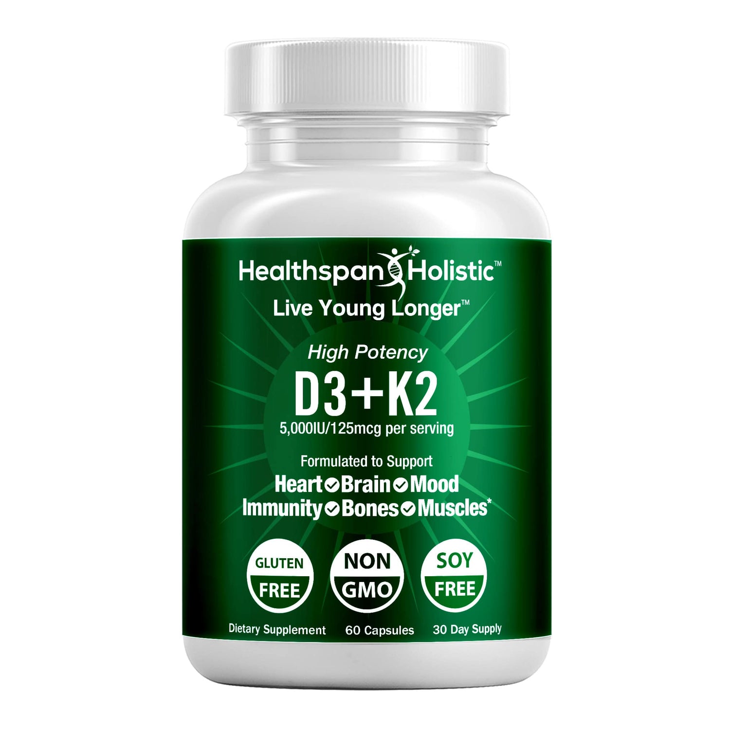 High Potency Vitamin D3 + K2 Supplement 60 Capsules by Healthspan Holistic