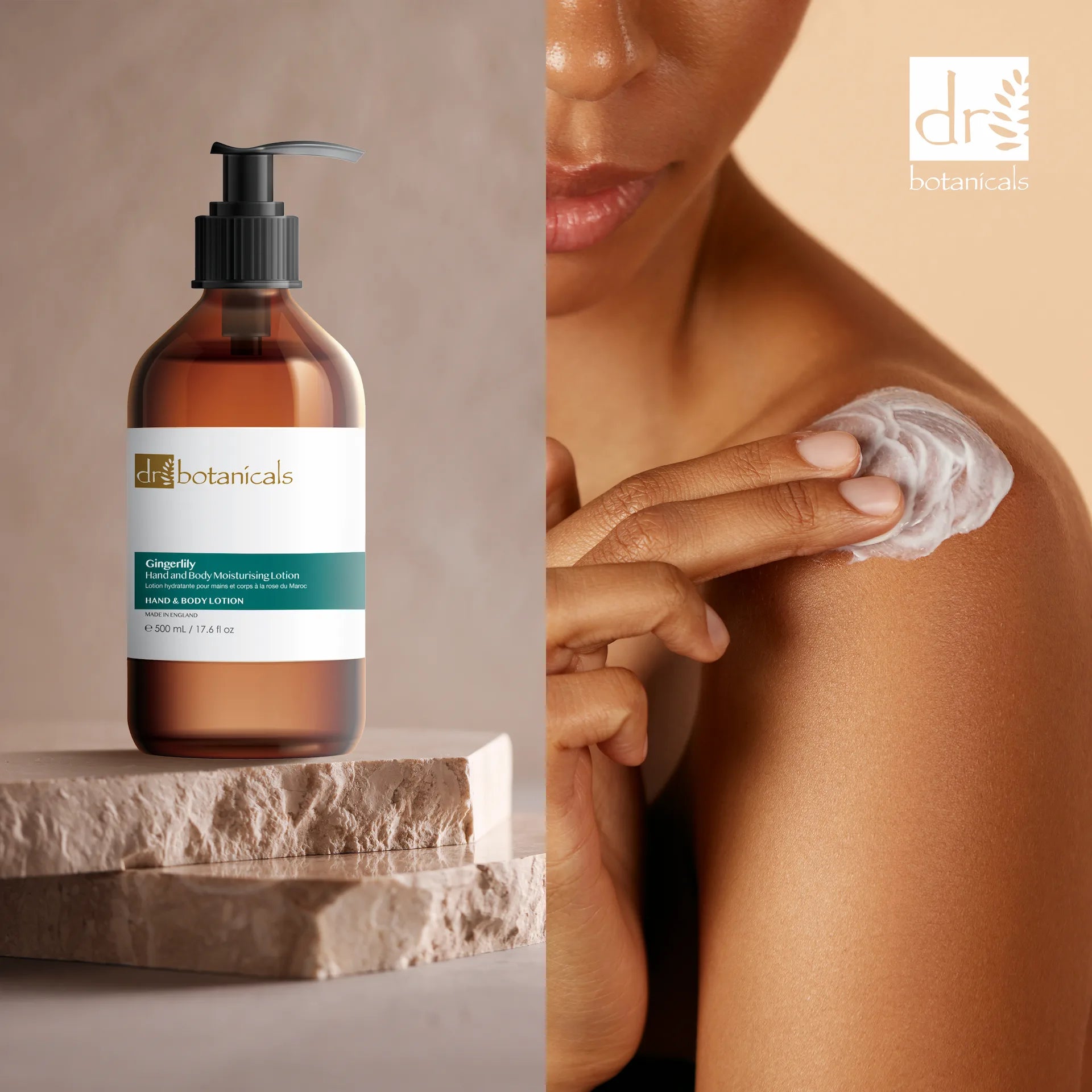 Dr Botanicals bottle of lotion on a stone surface with a person applying lotion to their shoulder.