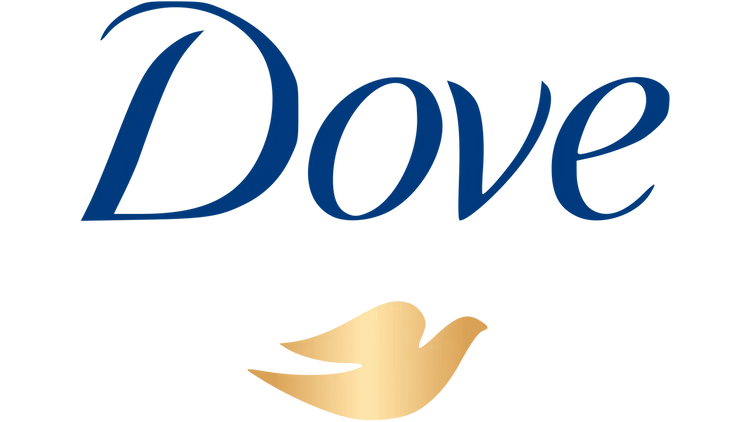 Dove logo with blue text and a gold dove on a white background