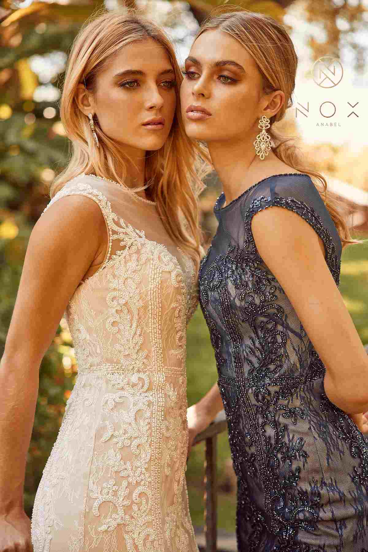 Nox Anabel E1006 Fitted Sheath Formal Lace Dress with Illusion Neckline by DiscountDressShop