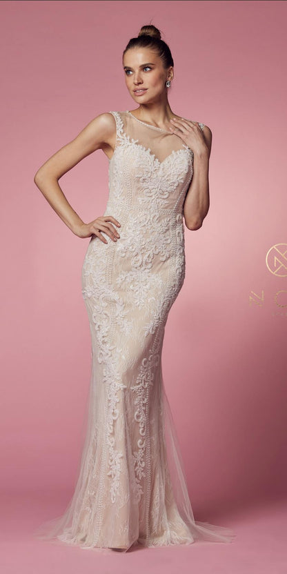 Nox Anabel E1006 Fitted Sheath Formal Lace Dress with Illusion Neckline by DiscountDressShop