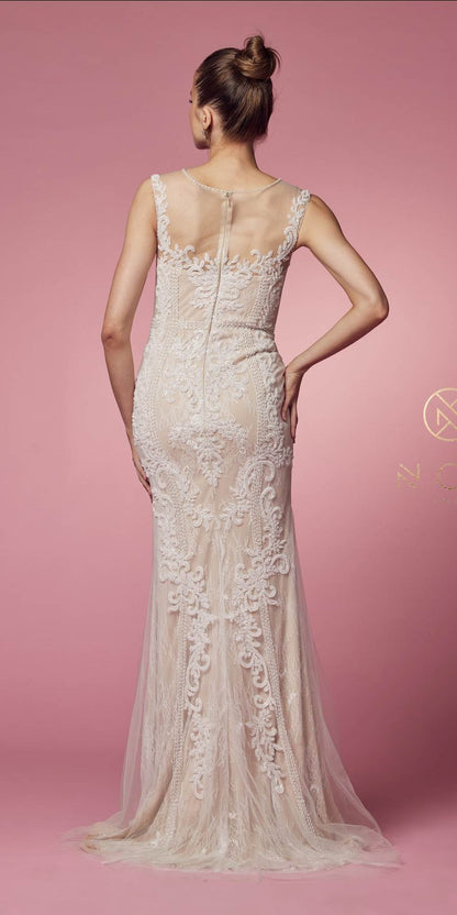 Nox Anabel E1006 Fitted Sheath Formal Lace Dress with Illusion Neckline by DiscountDressShop