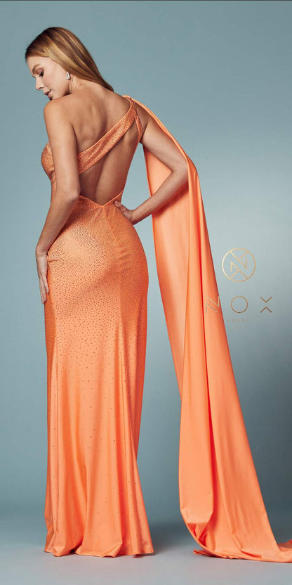 Nox Anabel E1039 Sexy Floor Length One Shoulder Drape Sash Dress by DiscountDressShop