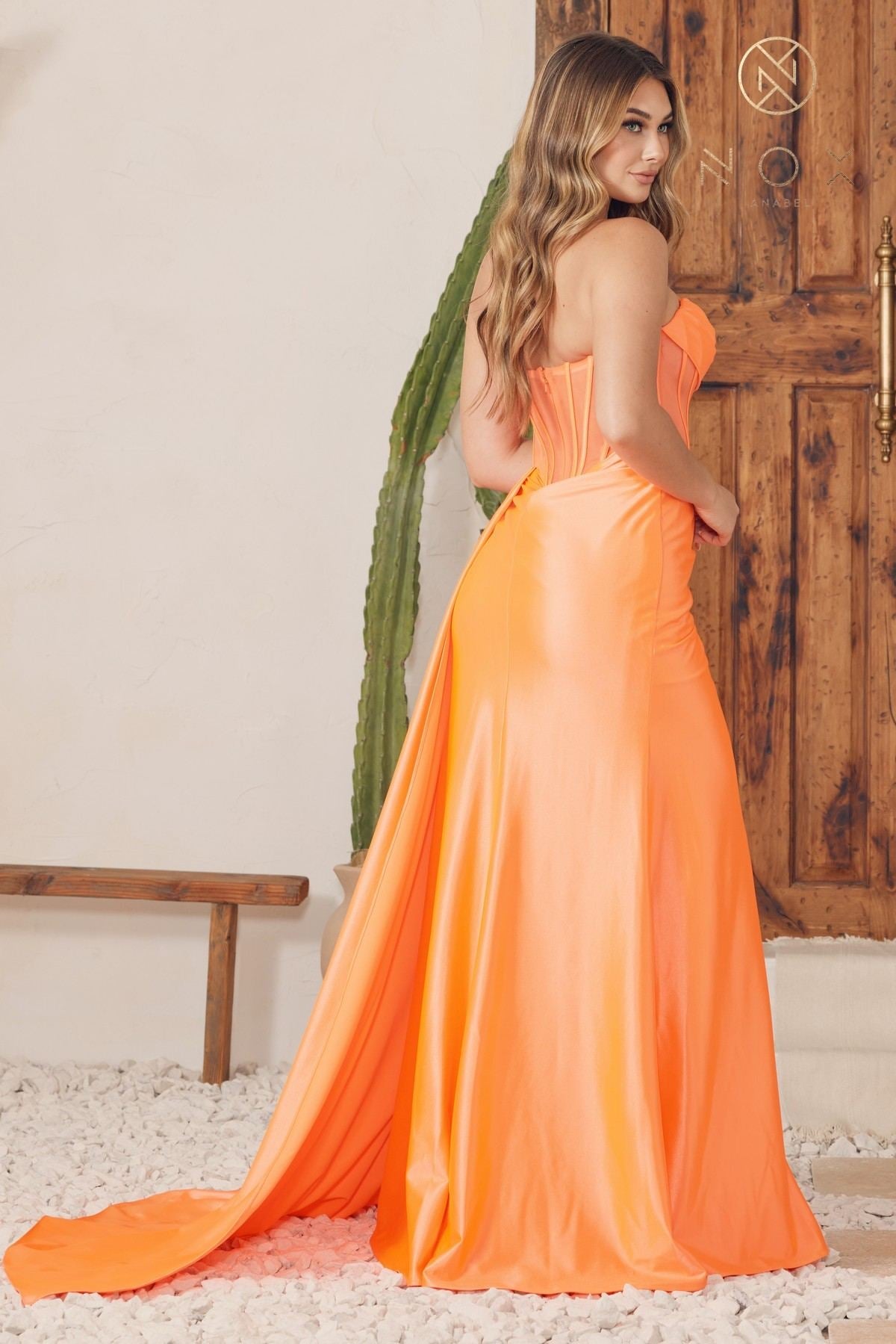 Nox Anabel E1237 Floor Length Satin Cowl Neck Strapless Gown Side Sash by DiscountDressShop