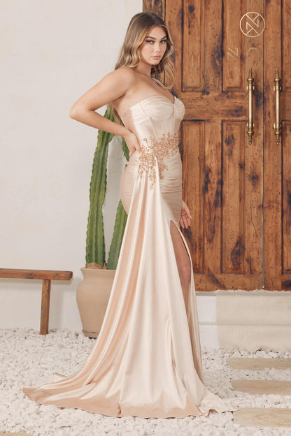 Nox Anabel E1239 Floor Length Satin Gown Side Sash with Leg Slit by DiscountDressShop