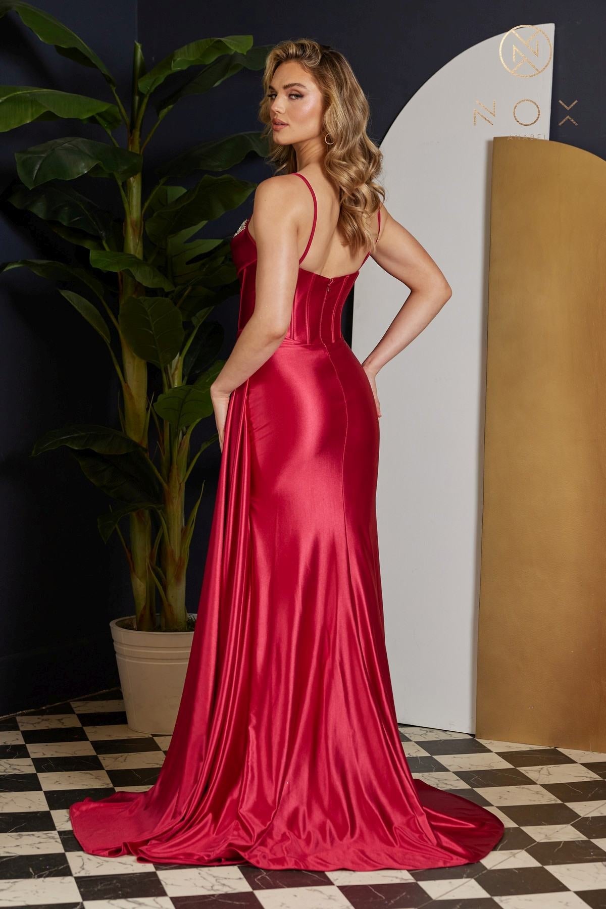 Nox Anabel E1242 Floor Length Fitted Satin Corset Bodice with Slit Gown by DiscountDressShop
