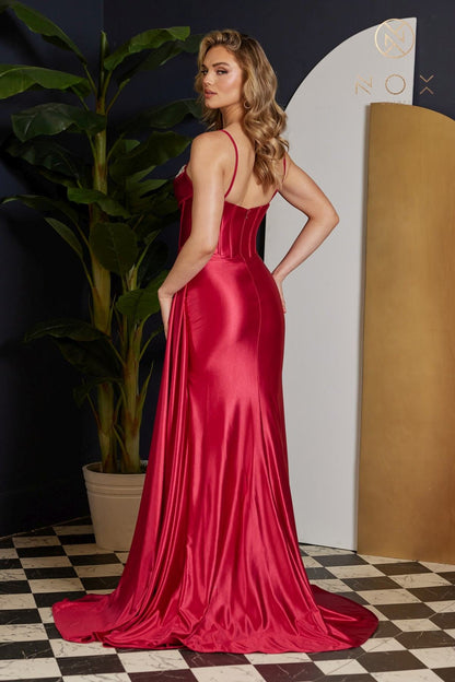Nox Anabel E1242 Floor Length Fitted Satin Corset Bodice with Slit Gown by DiscountDressShop