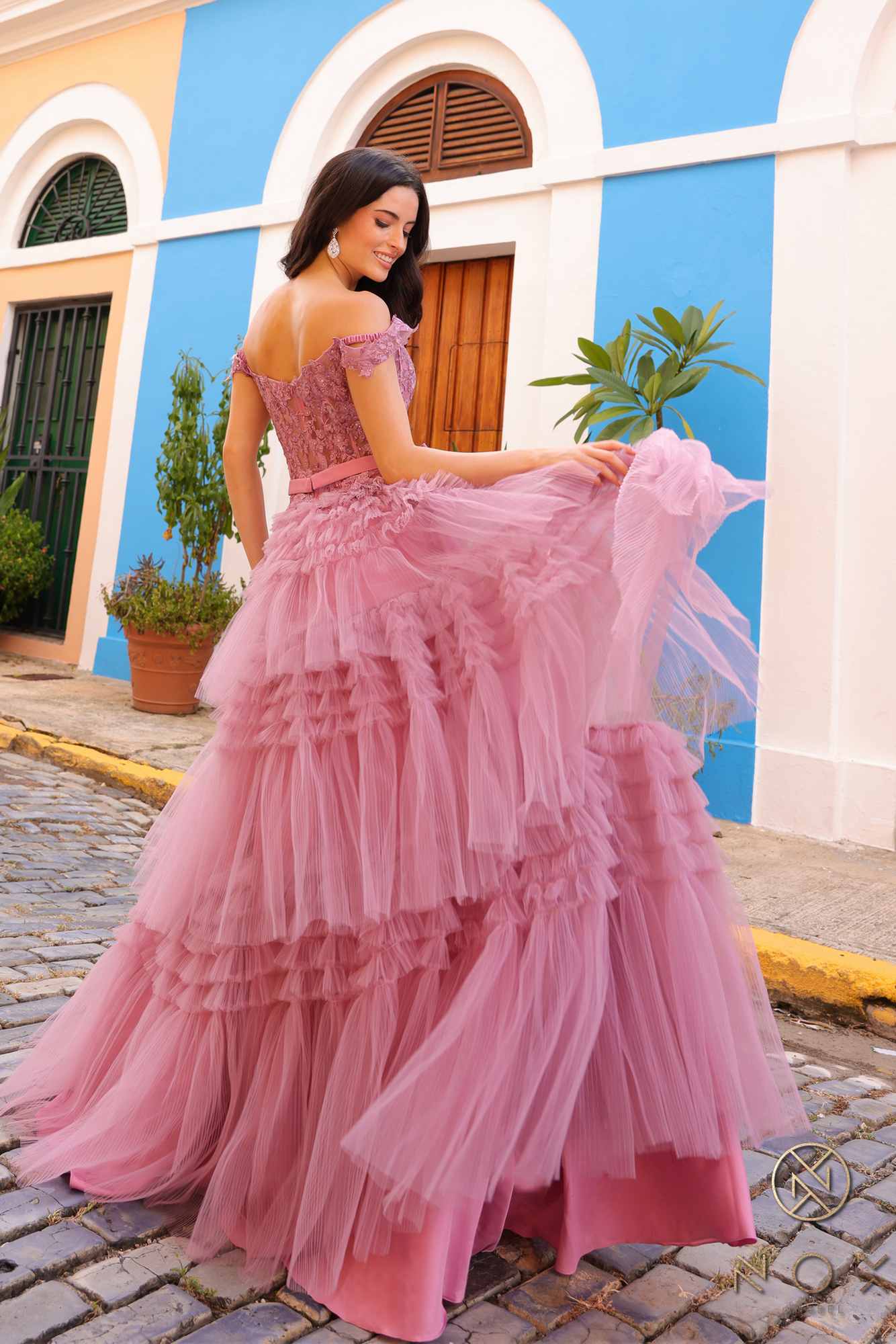 Nox Anabel E1293 Long Off the Shoulder Sweetheart Ruffled Tiered Tulle Gown by DiscountDressShop