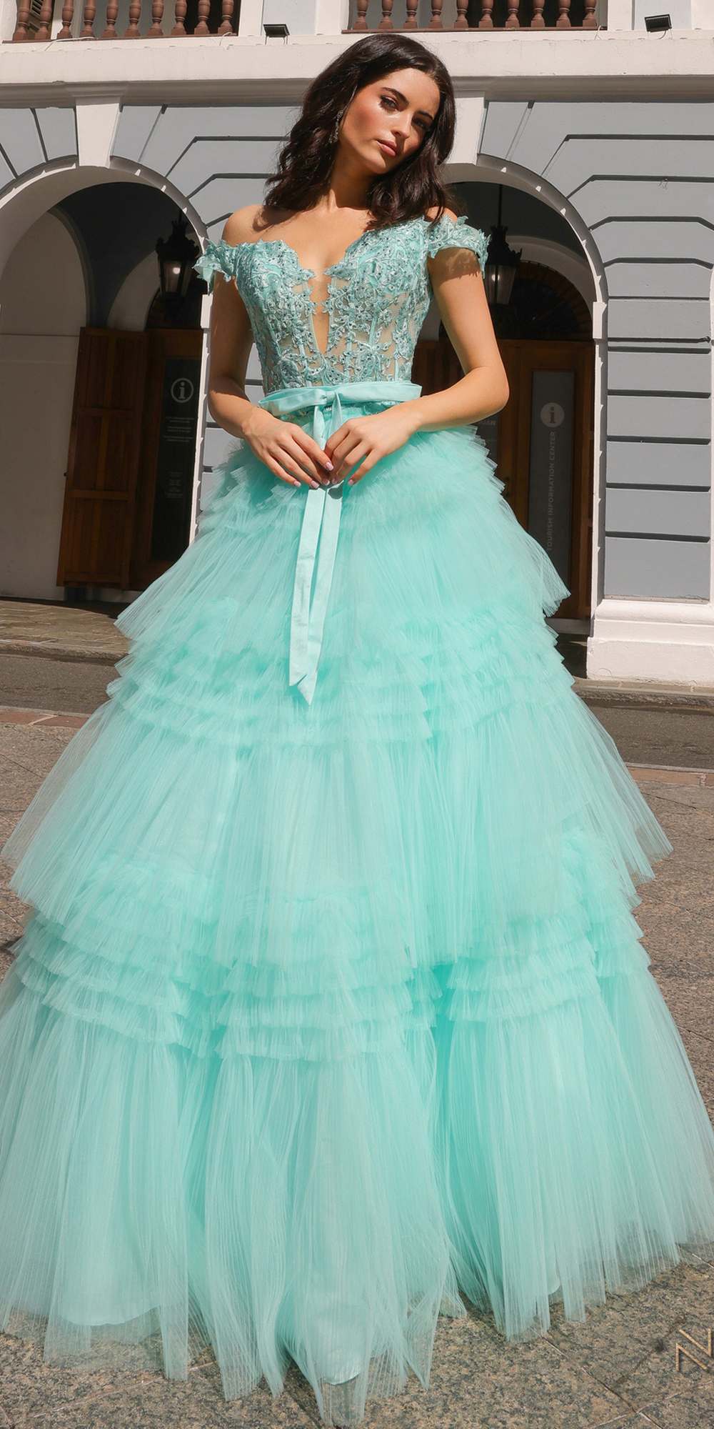 Nox Anabel E1293 Long Off the Shoulder Sweetheart Ruffled Tiered Tulle Gown by DiscountDressShop