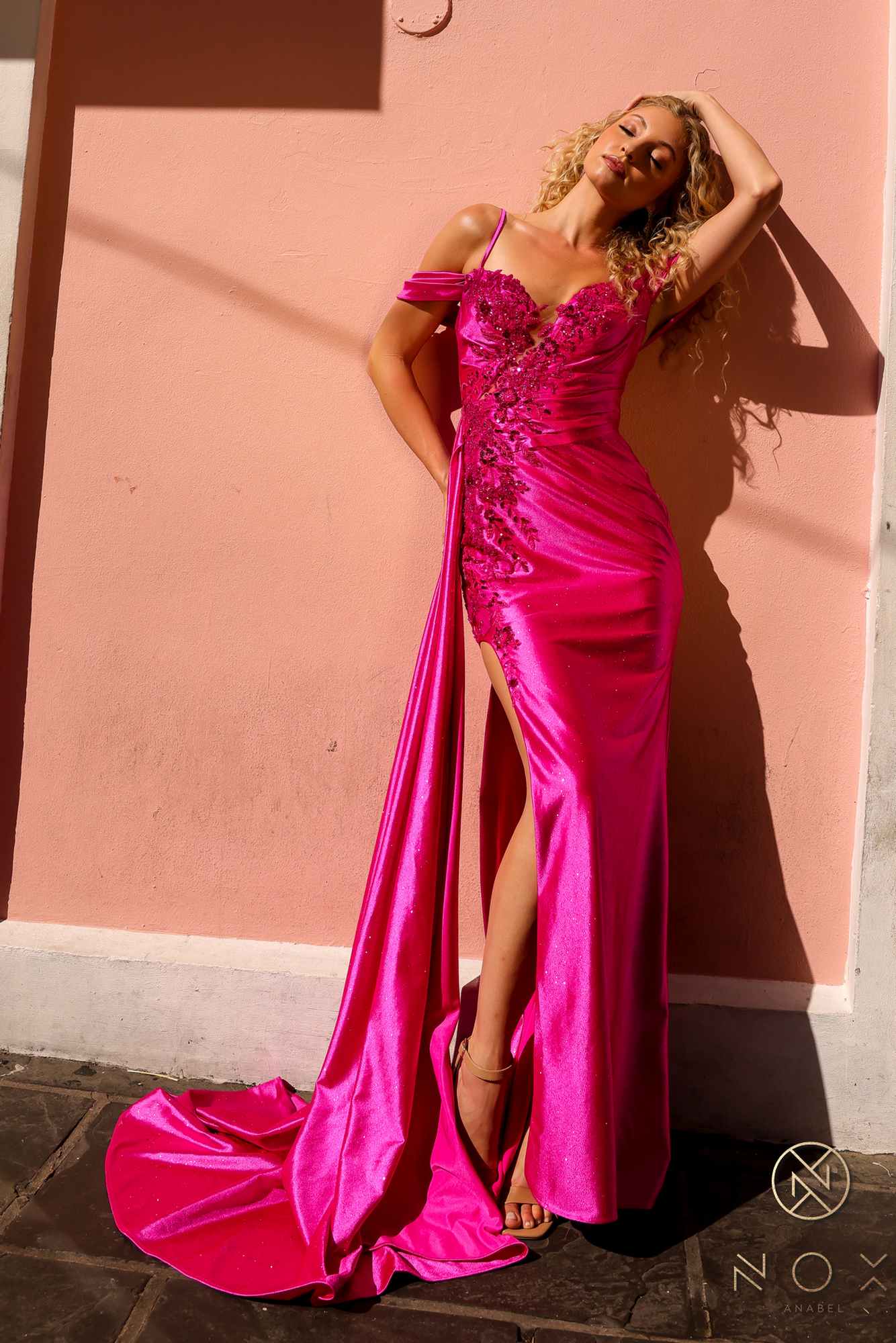 Nox Anabel E1451 Long Off the Shoulder Fitted Column Satin Dress by DiscountDressShop