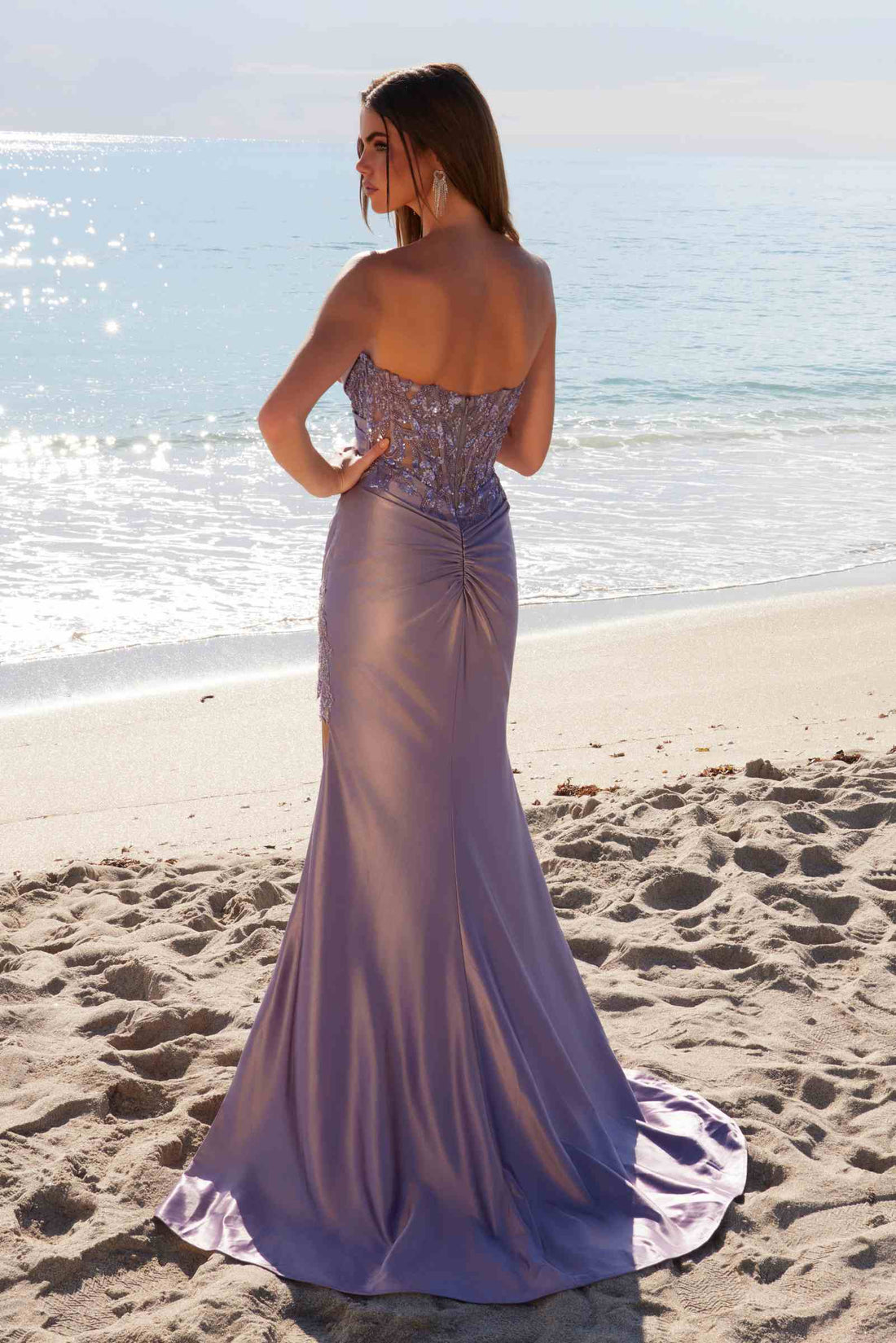 Nox Anabel E1527 Satin Sheer Boned Applique with High Slit Dress by DiscountDressShop